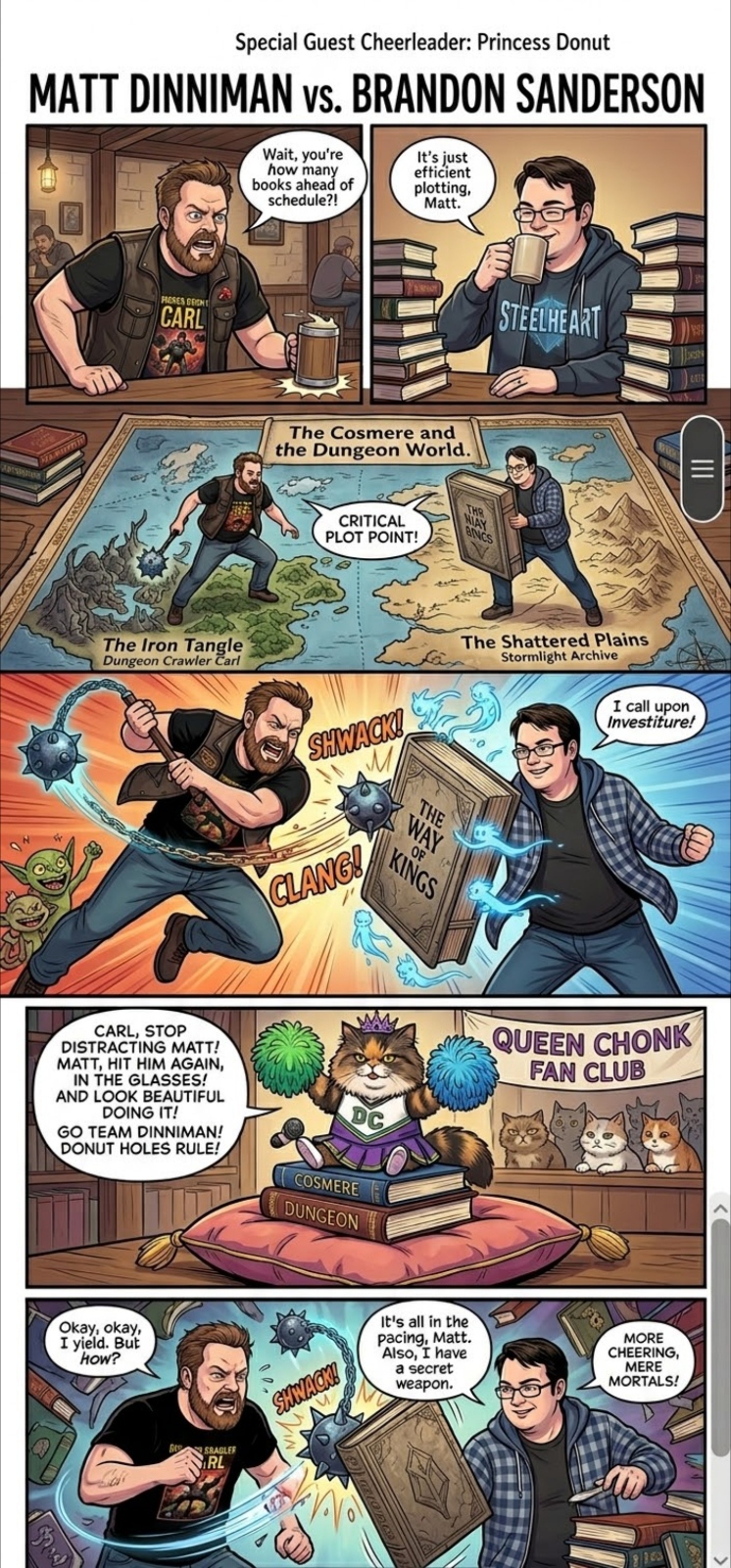 Fan comic: Matt Dinniman vs. Brandon Sanderson, with Princess Donut as guest cheerleader