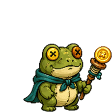 Button, a stitched frog companion in a cape holding a button-topped staff