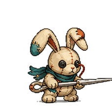Needle, a stitched rabbit companion wielding sewing scissors