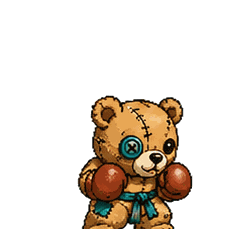 Patches, a stitched teddy bear companion with boxing gloves and an X-stitched eye