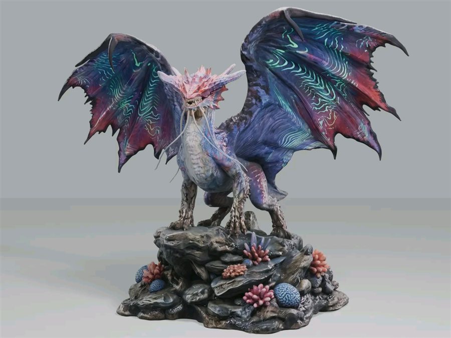 Painted render of the dragon model: purple and red wings with glowing green streaks, on a dark rock base covered in coral