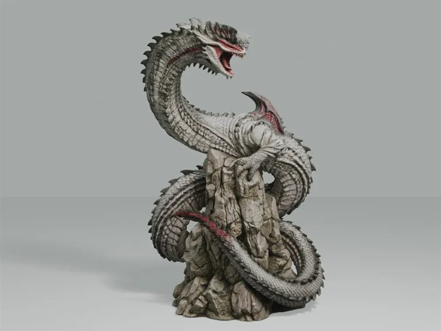 Painted render of a serpent dragon model coiled around a rock pillar, pale scales with red markings, mouth open