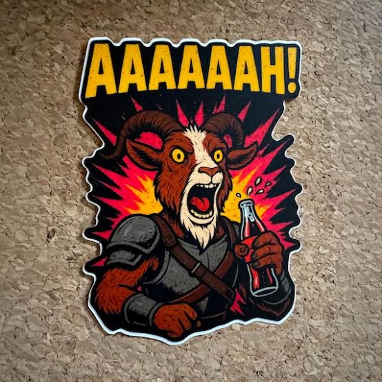 Screaming goat sticker in armor, holding a soda bottle, with a red and yellow lightning background