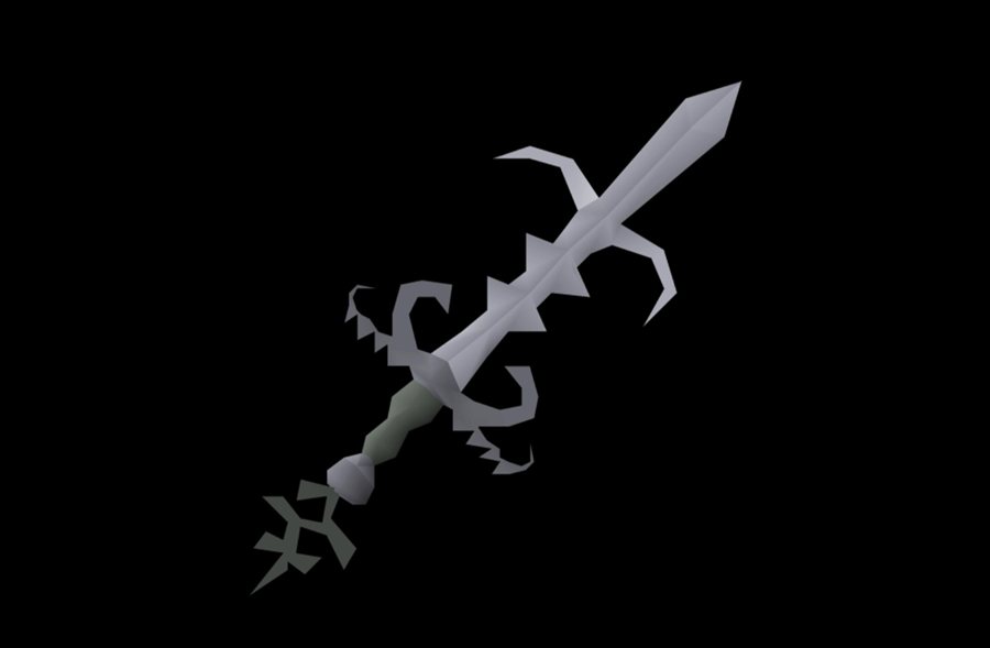Reference render of the Bandos godsword from RuneScape: a silver blade with curved hooks along the edge and a dark green grip